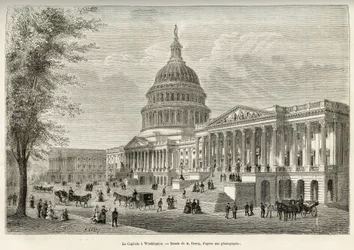 Capitol, lainsäätäjän toimipaikka, rakennettu vuosina 1793–1830 Washingtonissa (District of Columbia), Yhdysvaltojen pääkaupungissa. Kaiverrus A.Deroyn piirustuksen jälkeen havainnollistamaan tarinaa La conquete blanche, kirjoittanut William Hepworth Dixon