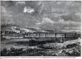 Uudella sillalla on Argenteuil. Pohjoisen ja lännen linjojen risteys. Ermont-osa (putkimainen järjestelmä). Kaiverrus Ralphin luonnoksen jälkeen elokuvassa "" Le Monde illustrious", 29.8.1863. Yksityinen kokoelma.