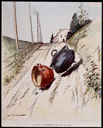 Saviruukku ja rautaruukku - teoksessa "" Les Fables de La Fontaine", ill. kirjoittanut Auguste Vimar (1851-1916), Tours, A, Mame & Son