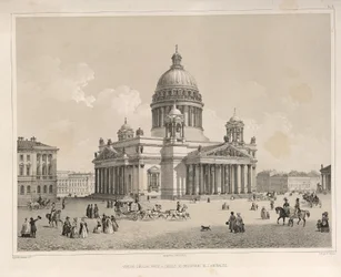 Pyhän Iisakin katedraali Admiralteysky Prospektilta katsottuna Kuva: Pyhän Iisakin katedraalin rakentaminen, 1845