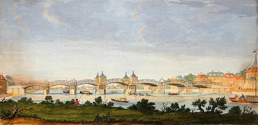 Perspektiivinäkymä Hampton Courtin sillasta, joka ylittää Thames-joen, kaiverrus Charles Grignion (1717-1810) n. 1754 (värillinen kaiverrus)