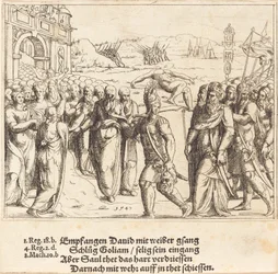 Daavid on tervetullut Goljatin tappamisen ja Saulin mustasukkaisuuden, 1547, jälkeen.