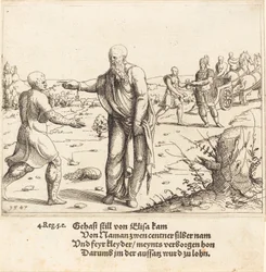Elisa rankaisee Gehasia Naamanin spitaalilla, 1547.