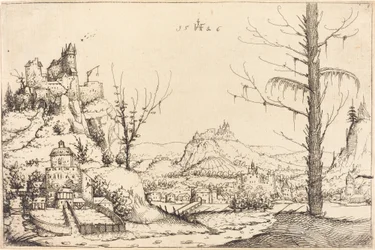 Maisema korkeiden kallioiden, joen ja kaupungin kanssa, 1546.