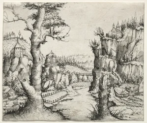 Jokimaisema kivineen vasemmalla ana oikealla, 1546.