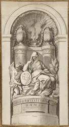 Tutkimus hautamonumentille, 1750 (musta liitu, kynä ja ruskea muste, ruskea ja harmaa pesu, valkoinen korotus kahdella liitetyllä arkilla)