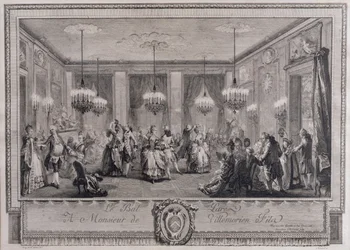Iltapukujuhla Monsieur de Villemorien Filan talossa, kaiverrus L. Provost (katso myös 55452)
