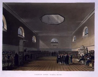 Charter House School Room, "History of Charter House Schoolista", osa "History of the Colleges", kaiverrettu J. Bluck (fl.1791-1831) pub. kirjoittanut R. Ackermann