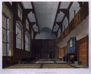 Hall of Charter House, "History of Charter House Schoolista", osa "History of the Colleges", kaiverrus Daniel Havell (1785-1826) pub. kirjoittanut R. Ackermann