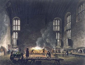 Christ Churchin keittiön sisustus, kuvitus "Oxfordin historiasta", kaivertanut F.C. Lewis (1779-1856) pubi. kirjoittanut R. Ackermann