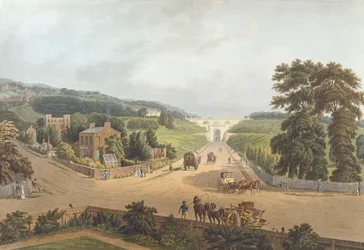Näkymä Highgaten kaarikäytävälle, 1821, kaivertanut John Hill (1770-1850) (akvatinta)