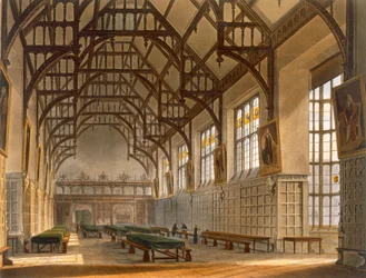 The Hall of Trinity College, Cambridge, "Cambridgen historiasta", kaiverrettu J. Bluck (fl.1791-1831), pub. R. Ackermann, 1815 (väriakvatinta)