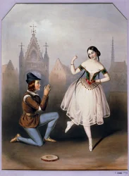 Carlotta Grisi Esmeraldana ja Jules Perrot Gringoire - La Esmeralda, baletti 3 näytöksessä ... (litografia)