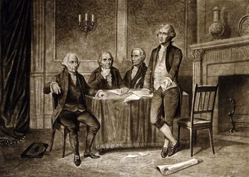 Mannermaakongressin johtajat 1775: John Adams, Robert Morris, Alexander Hamilton, Thomas Jefferson, Augustus Tholeyn piirros (1894)