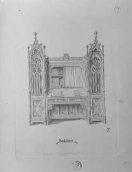 Suunnittelu goottityyliselle kirjahyllylle, n. 1835
