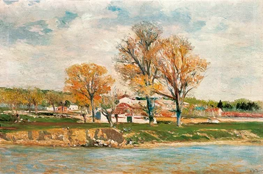 Aureliano de Beruete ja Moret (1845-1912) - Omenajoen rannat. Öljy kankaalle.
