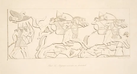 Assyrialaiset soturit hevosen selässä, Niniven monumenteista, pubista. 1849