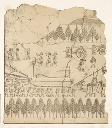 Assyrialaiset siirtävät siivellistä härkää kelkassa (Kouyunjik), Niniven monumenteista, pubista. 1849 (kaiverrus)