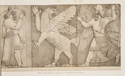 Basreliefit pienen temppelin (Nimroud) sisäänkäynnillä, Monuments of Niniven pubista. 1849