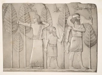 Metsästäjät gazellin, jäniksen ja lintujen kanssa (Khorsabad), teoksesta Monuments of Nineveh, pub. 1849