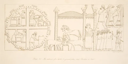 Linnan (pohjapiirros) ja paviljongin tai teltan sisätilat Niniven monumenteista, pubista. 1849