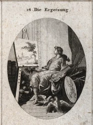 Allegoria ihastuksesta, jota edustaa nuori mies pitelemässä lyyraa lähellä maalausta, jossa on hedelmiä, kirjoja, aseita ja kaksi kolombenttia, jotka hyväilevät toisiaan. Kaikki symboloivat aistien viehätystä. Kaiverrus "" Iconologie oder Ideen aus dem Geb