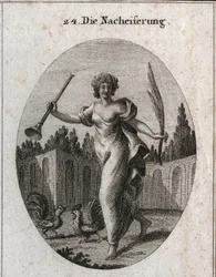 Kilvoittelun allegoria. Trumpetti ja palmu symboloivat ansiosta annettavaa palkintoa. Attribuutteina ovat kaksi taisteluun valmista kukkoa. Kaiverrus teoksessa "Iconologie oder Ideen aus dem Gebiete der Leidenschaften und Allegorien bildlich dargestellt