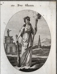 Allegoria loistosta. Klubi, johon se luottaa, on hyveiden symboli. Ketju ja kultamitali ovat palkinto. Valo soihtu on kevyt kauniisiin tekoihin. Kaiverrus "" Iconologie oder Ideen aus dem Gebiete der Leidenschaften und Allegorien bi
