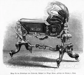 Itävallan kruununprinssin vauvansänky, kuvitus Leipziger Illustrirte Zeitungista, 1859 (puukaiverrus)