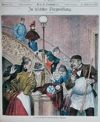 Itävaltalaisen aikakauslehden kansi, joka kuvaa kerrostalon portaissa hylättyä vauvaa, 28. marraskuuta 1897 (värilitho)