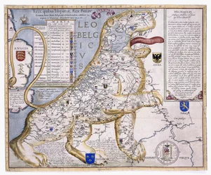 Leo Belgicus, joka esittää Alankomaat leijonan hahmossa, 1586