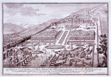 Paroni de Huldenburgin upea puutarha ja palatsi, jonka hän rakensi Widlingsaussa, 1719