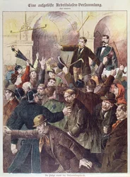 Poliisi hajottaa työttömien työntekijöiden protestikokouksen, 1897