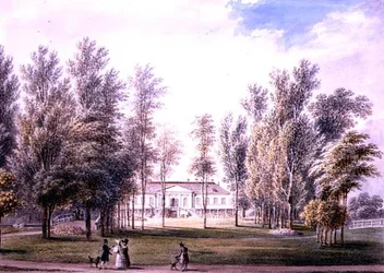 Näkymä maalaistalosta puistossa, noin 1815 (vesiväri paperille).