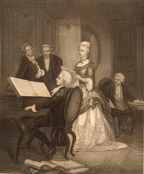 Wolfgang Amadeus Mozart säestää Caterina Maddalena Giuseppa (kaiverrus)