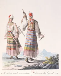 Naiset perinteisessä Mehadian alueen puvussa, kuvitus kirjasta Costumes de Hongrie, kirjoittanut J.H. de Bikkesy, 1810 (värikaiverrus)