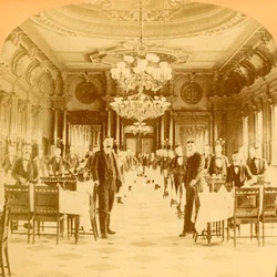 Windsor-hotellin Great Dining Hallin sanotaan olevan maailman hienoin, Montreal, Kanada, 1894.