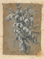 Suunnittelu ylelliselle päähineelle, jossa on höyhenet kypärässä, n. 1620-56.