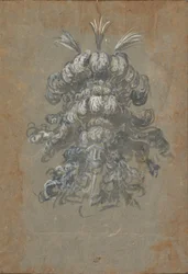 Suunnittelu ylelliselle päähineelle, jossa on höyhenet kypärän edestä katsottuna, n. 1620-56.