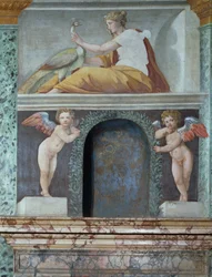 Sala delle Prospettive Perspektiivisali yksityiskohta trompe loeil -niemestä, jossa on kuvattu jumalatar Juno riikinkukon kanssa, fresko vuodelta 1518-19.