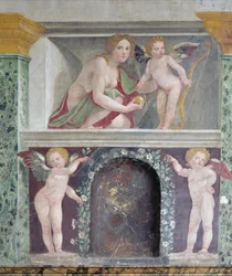 Sala delle Prospettive Prospektiivien sali yksityiskohta Venusta ja Amoria esittävästä trompe loeil -niemekkeestä, fresko vuodelta 1518-19.