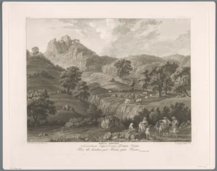Näkymä Roccagiovineen Rocca Giovine (otsikko esineessä) Suite de VI vues des Environs de Rome (...) (sarjan nimi)