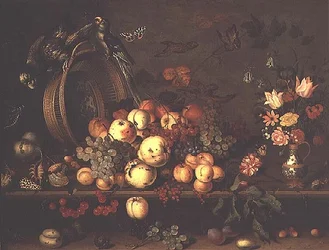 Hedelmäinen asetelma, jossa on hedelmiä, kukkia ja papukaijoja, 1620-luvun alku (paneeli).