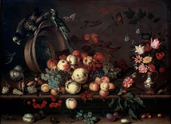 Asetelma hedelmien, kukkien ja papukaijoineen, 1620-luku