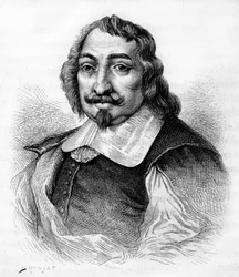 Samuel de Champlain, ranskalainen tutkimusmatkailija ja kolonisaattori (v. 1567-1635). Kanadan kolonisoija. Kaiverrus vuodelta 1830 Moncornetin vakavan muotokuvan jälkeen.