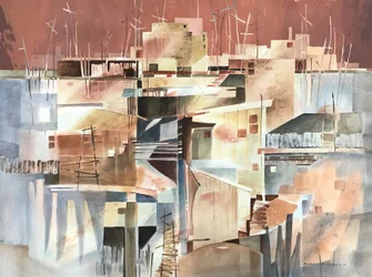 Abstrakti Pueblo, n.1980-90 (vesiväri paperille).