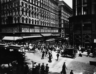 State ja Madison Streets, Chicago, Illinois, Yhdysvallat, noin 1905 (s/w-kuva).