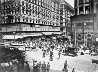State ja Madison Streets, Chicago, Illinois, Yhdysvallat, noin 1905 (s/w-kuva).