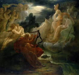 Loran rannalla Ossian kutsuu henkensä esiin harppunsa äänellä, noin 1811