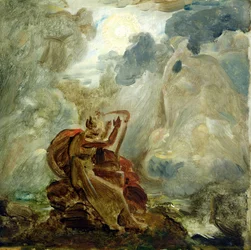 Ossian loihtii henget harpullaan Lora-joen rannalla, n. 1811 (katso 146776)